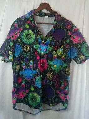Large Neon Baphomet Satan Pentagram Button Shirt Black Cute Punk Goth Raver Goat